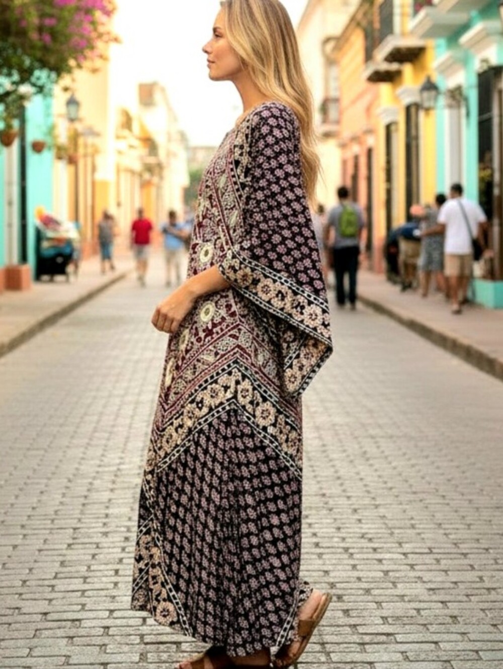 Vtg 1970s Indian cotton block print Maxi Kaftan Bell sleeve Sz L Hippie Festival